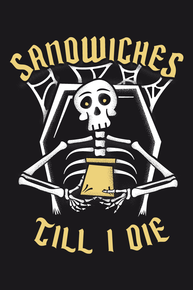 Skeleton holding lunch bag graphic