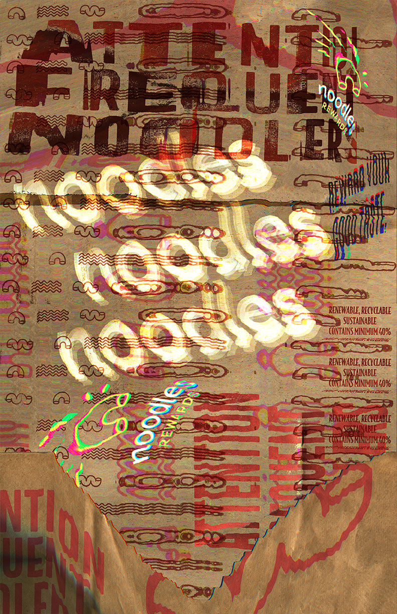 Distorted poster of Noodles and Company packaging